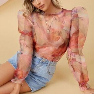 Organza Sheer Puff Sleeve Top y2k Medium